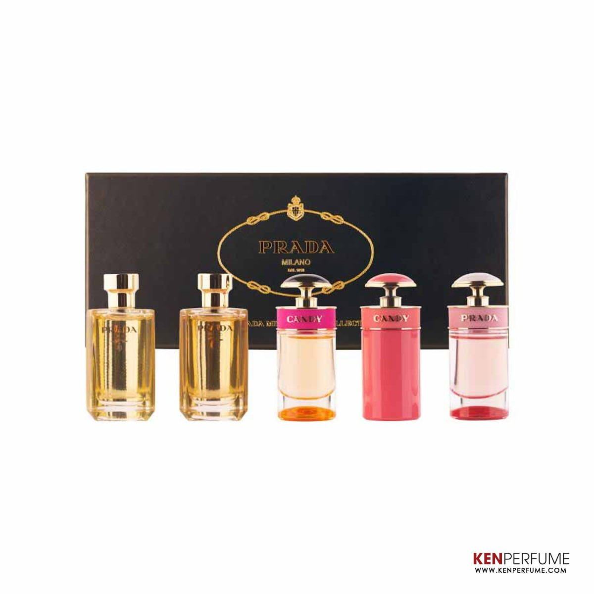 Set Nước Hoa Prada Women 5 Mini (Candy Florale 7ml, Candy Gloss 7ml, Candy EDP 7ml, La Femme EDP 9ml, La Femme EDT 9ml)