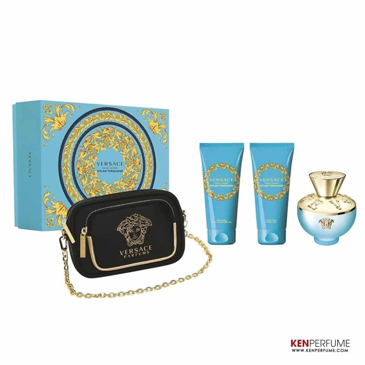 Set Nước Hoa Nữ Versace Dylan Turquoise Pour Femme EDT (100ml + Body Lotion 100ml + Shower gel 100ml + Túi )